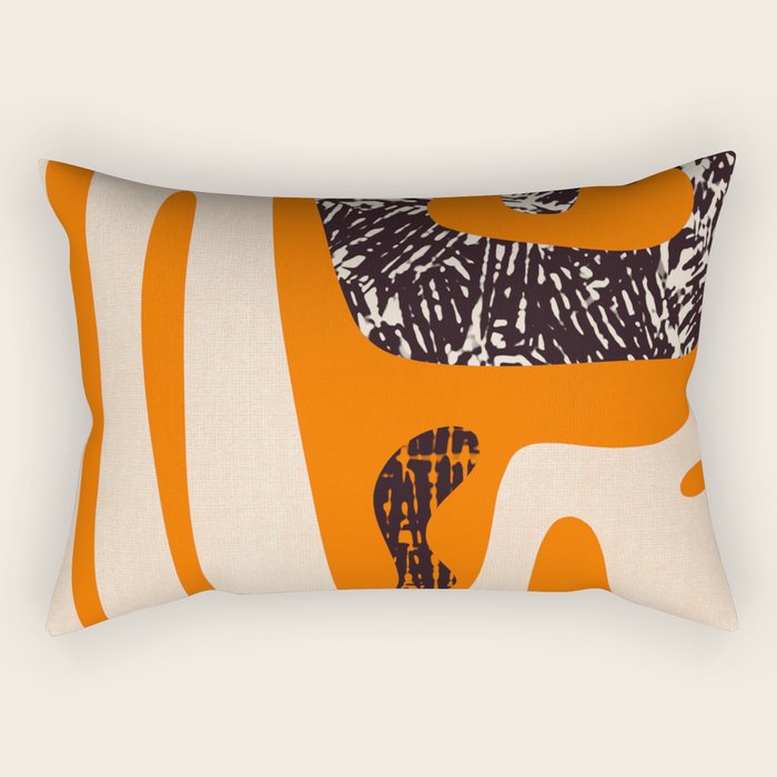Mid Century Modern Abstract Kwaito Textured Pattern Orange Black Cream Rectangular Pillow Gallery Image 1