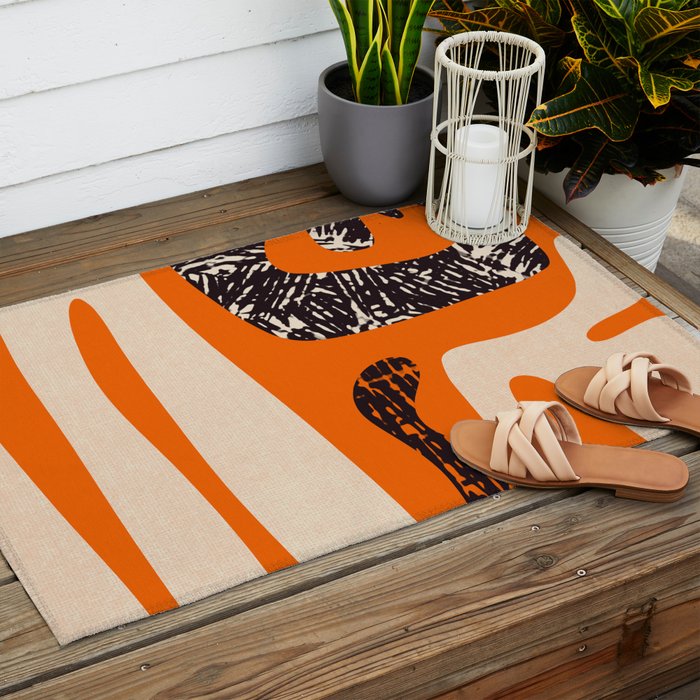 Mid Century Modern Abstract Kwaito Textured Pattern Orange Black Cream Outdoor Rug Gallery Image 2