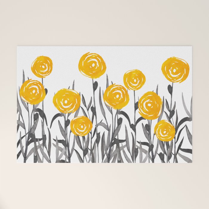 Fall Sunshine, Floral Watercolor Print, Yellow and Gray Welcome Mat Gallery Image 1