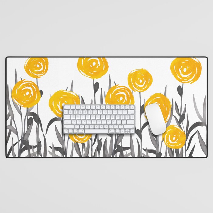 Fall Sunshine, Floral Watercolor Print, Yellow and Gray Desk Mat Gallery Image 1