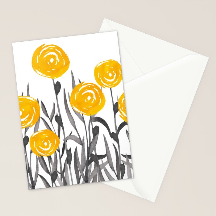 Fall Sunshine, Floral Watercolor Print, Yellow and Gray Stationery Card Gallery Image 2