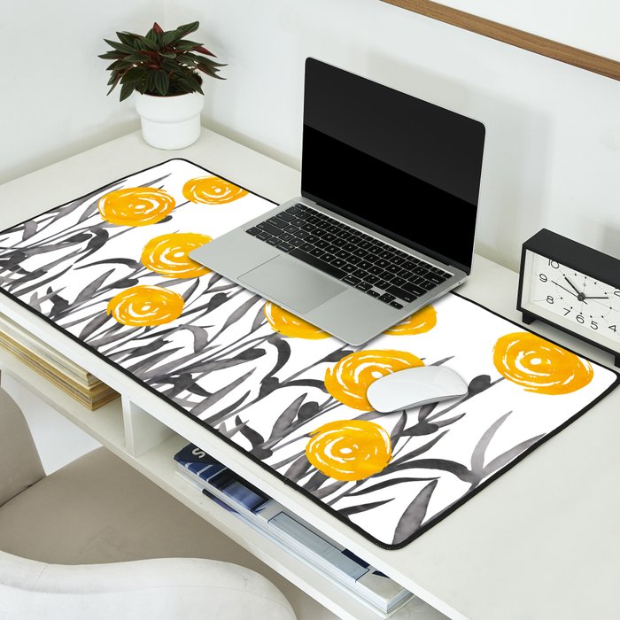 Fall Sunshine, Floral Watercolor Print, Yellow and Gray Desk Mat Gallery Image 2