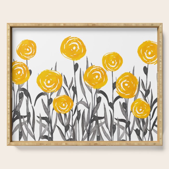 Fall Sunshine, Floral Watercolor Print, Yellow and Gray Serving Tray Gallery Image 1