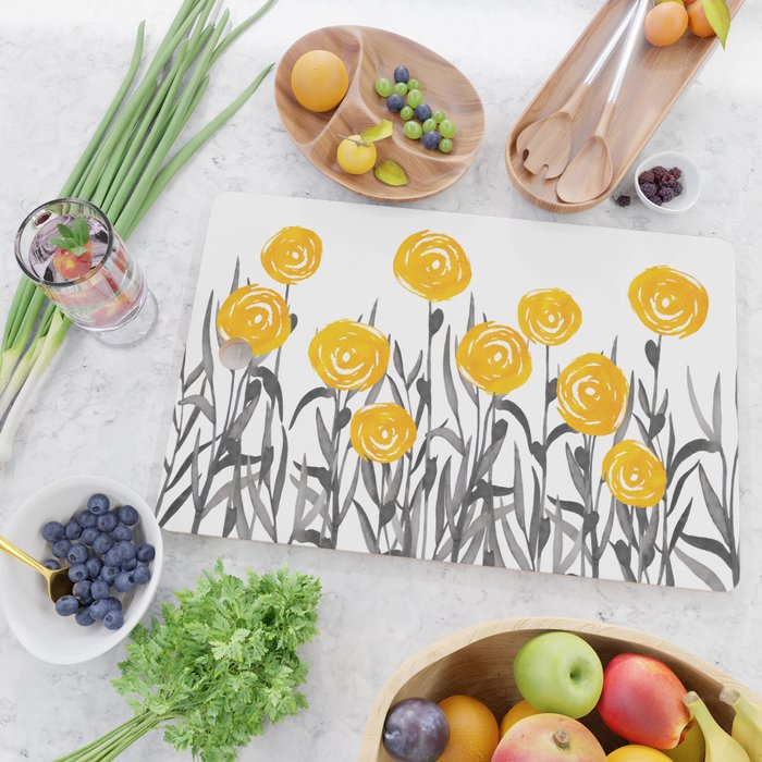 Fall Sunshine, Floral Watercolor Print, Yellow and Gray Cutting Board Gallery Image 2