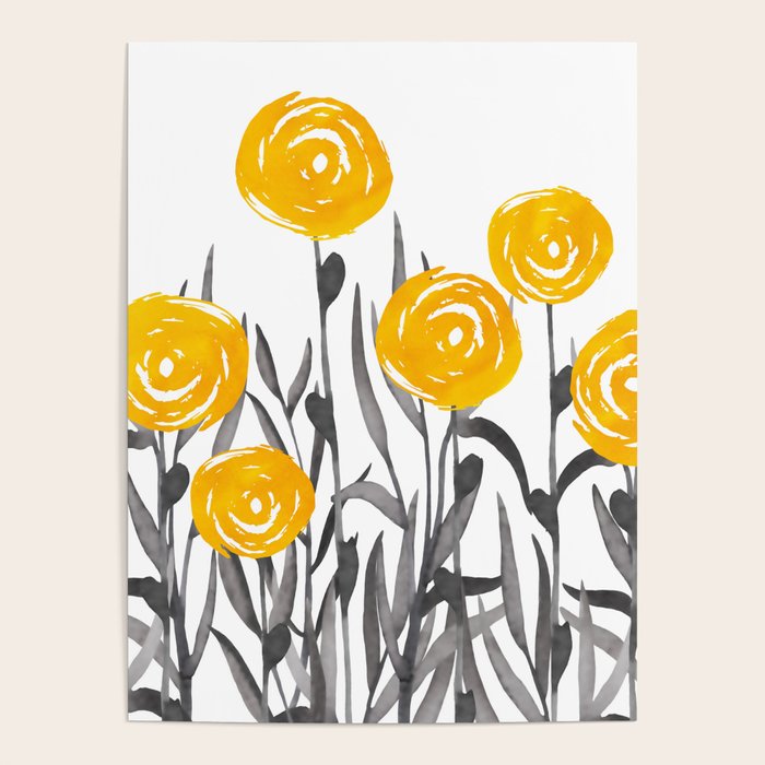 Fall Sunshine, Floral Watercolor Print, Yellow and Gray Poster Gallery Image 1