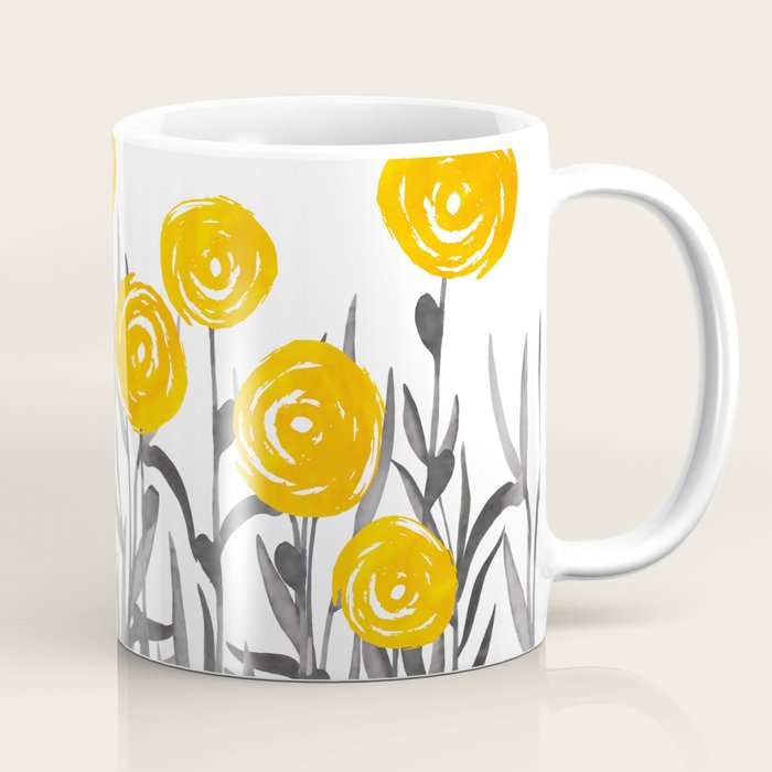 Fall Sunshine, Floral Watercolor Print, Yellow and Gray Coffee Mug Gallery Image 1