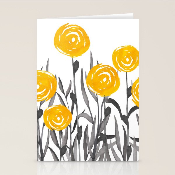 Fall Sunshine, Floral Watercolor Print, Yellow and Gray Stationery Card Gallery Image 1