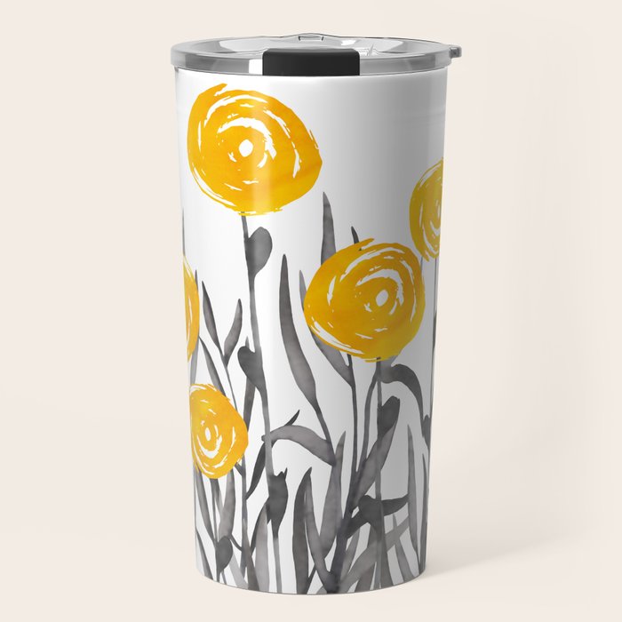 Fall Sunshine, Floral Watercolor Print, Yellow and Gray Travel Mug Gallery Image 1