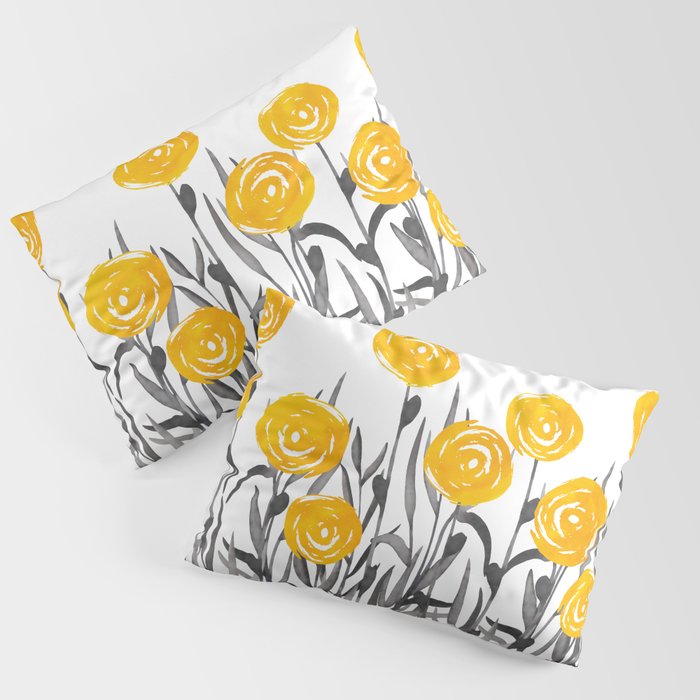 Fall Sunshine, Floral Watercolor Print, Yellow and Gray Pillow Sham Gallery Image 3