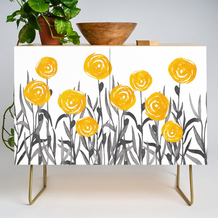 Fall Sunshine, Floral Watercolor Print, Yellow and Gray Credenza Gallery Image 1