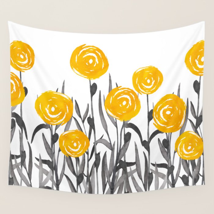 Fall Sunshine, Floral Watercolor Print, Yellow and Gray Wall Tapestry Gallery Image 4