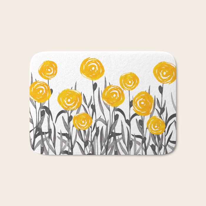 Fall Sunshine, Floral Watercolor Print, Yellow and Gray Bath Mat Gallery Image 1