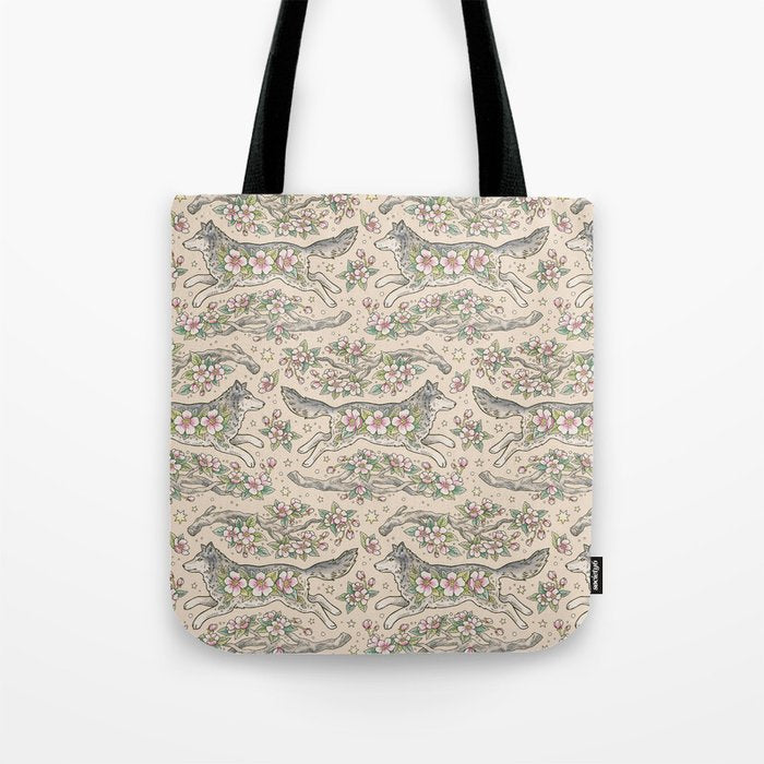 Wolf & Wild Apple Blossoms | Botanical Animal Art Tote Bag Gallery Image 1