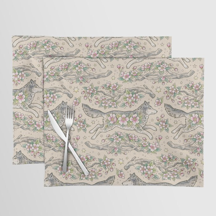 Wolf & Wild Apple Blossoms | Botanical Animal Art Placemat Gallery Image 1