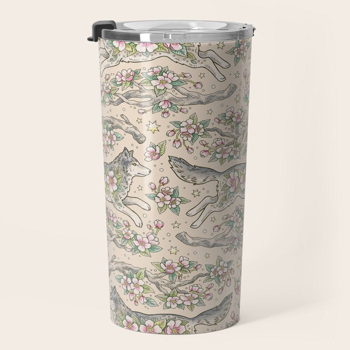 Wolf & Wild Apple Blossoms | Botanical Animal Art Travel Mug Gallery Image 3