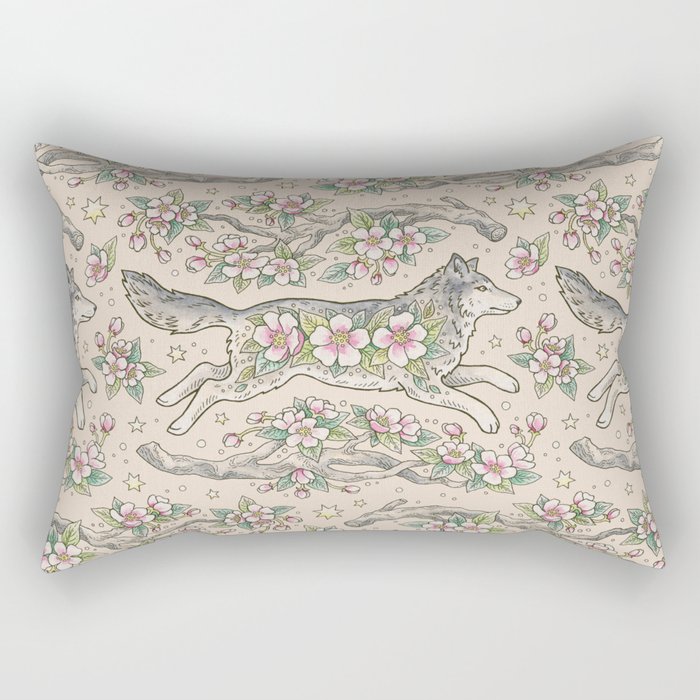 Wolf & Wild Apple Blossoms | Botanical Animal Art Rectangular Pillow Gallery Image 2