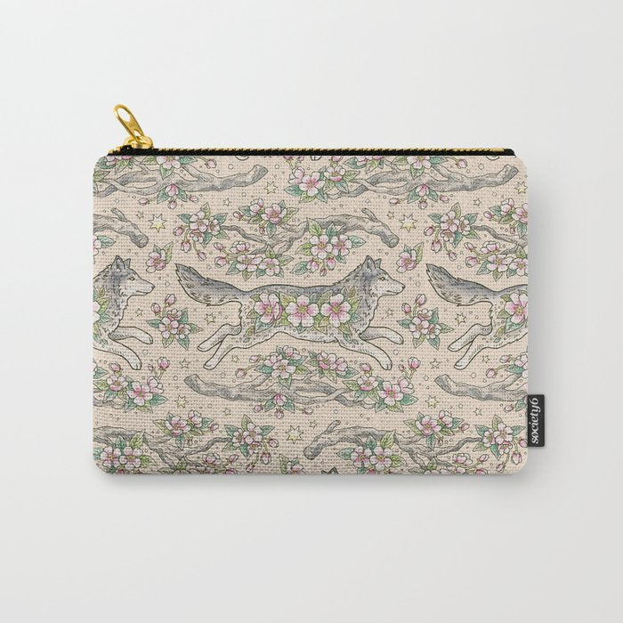 Wolf & Wild Apple Blossoms | Botanical Animal Art Carry All Pouch Gallery Image 1
