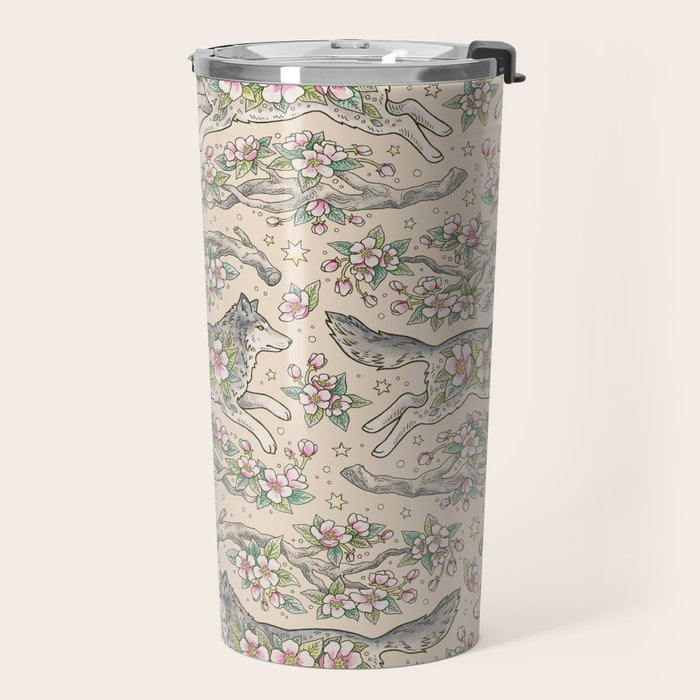 Wolf & Wild Apple Blossoms | Botanical Animal Art Travel Mug Gallery Image 2