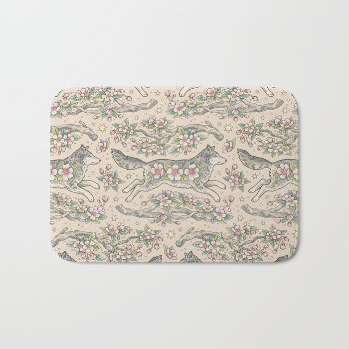 Wolf & Wild Apple Blossoms | Botanical Animal Art Bath Mat Gallery Image 1