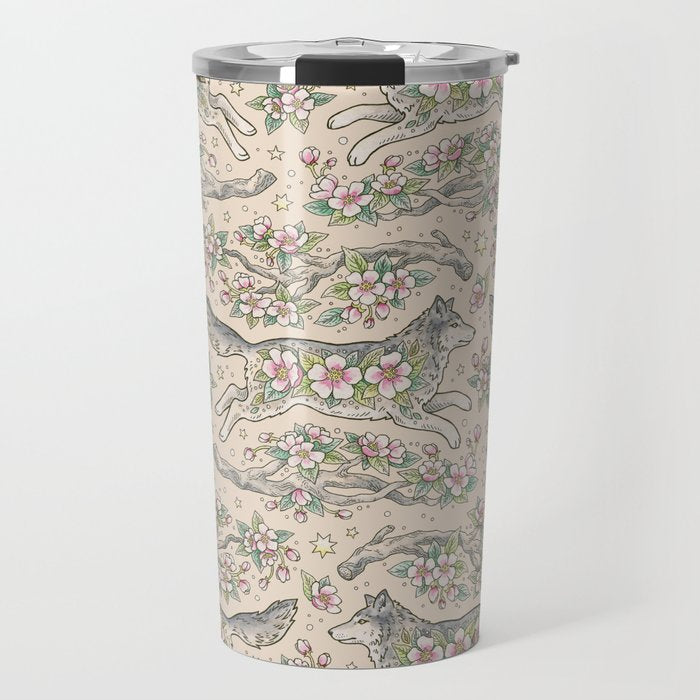Wolf & Wild Apple Blossoms | Botanical Animal Art Travel Mug Gallery Image 1