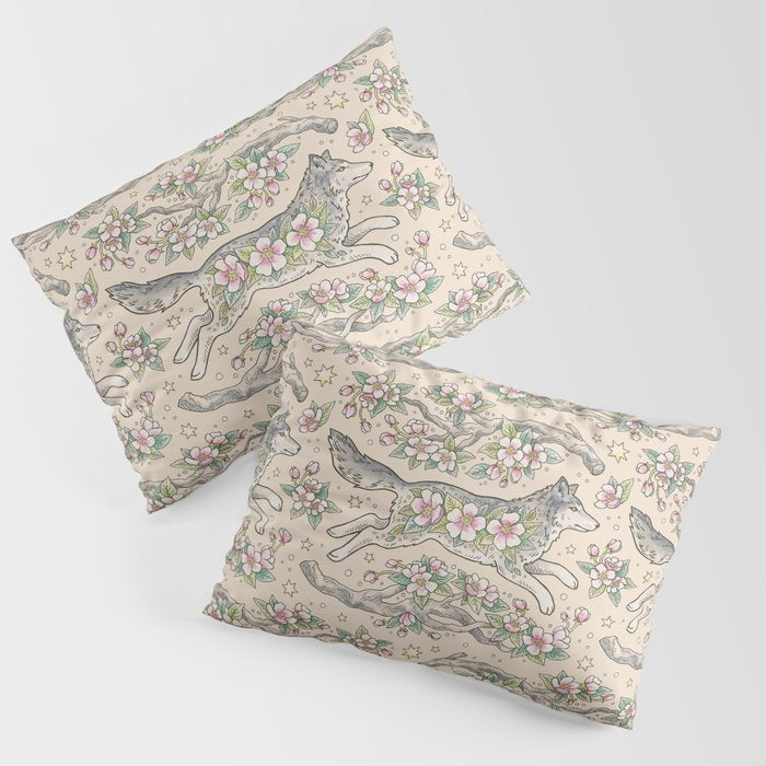 Wolf & Wild Apple Blossoms | Botanical Animal Art Pillow Sham Gallery Image 1