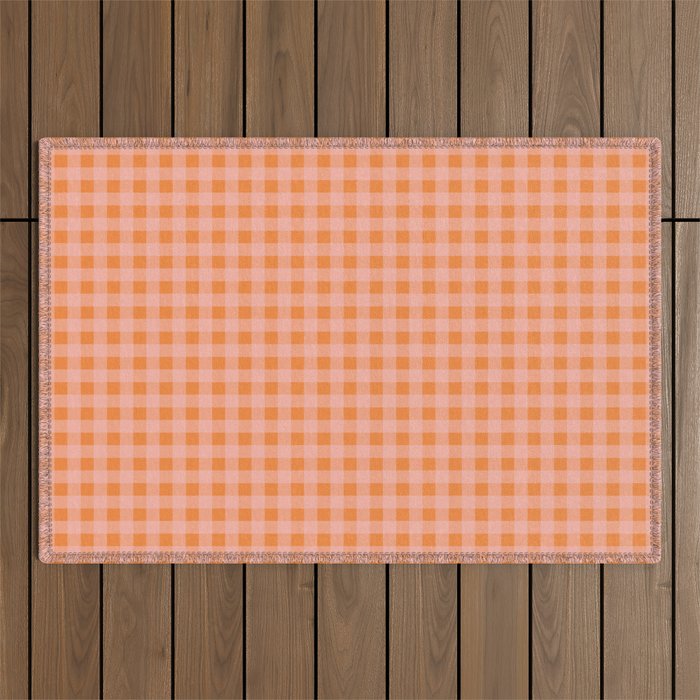 Gingham Check Pattern Orange Pink Blush Outdoor Rug Gallery Image 1