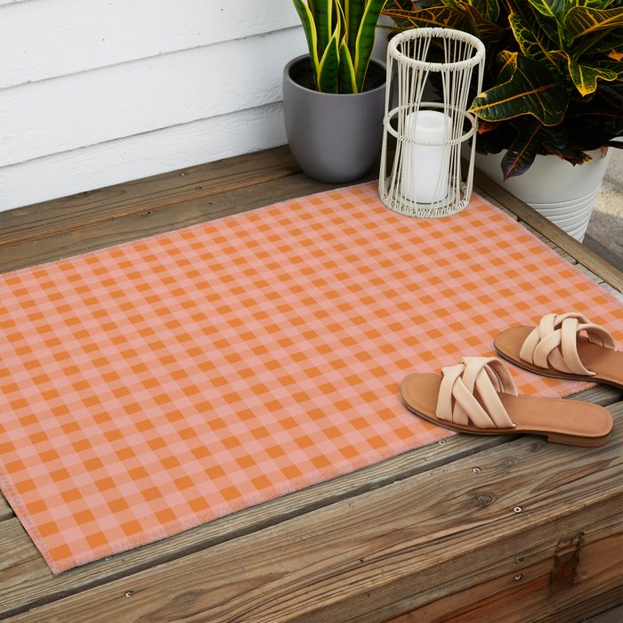 Gingham Check Pattern Orange Pink Blush Outdoor Rug Gallery Image 2