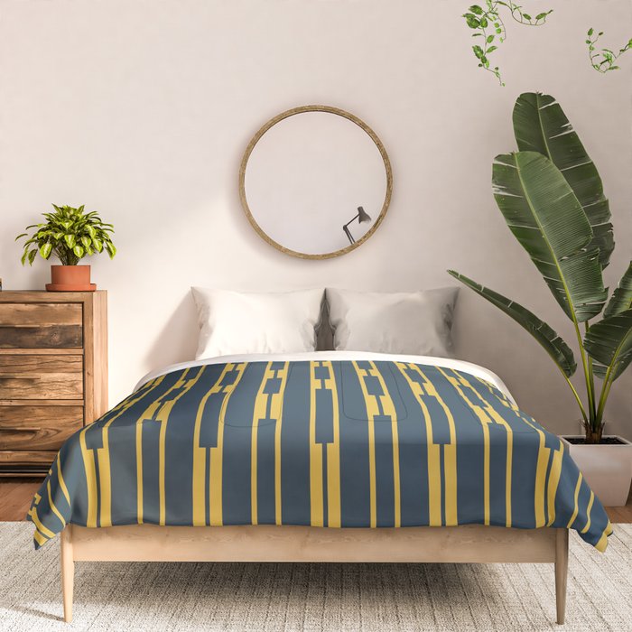 Geometric Striped Geo Chain Vertical Pattern in Navy Blue and Light Mustard Comforter Gallery Image 3