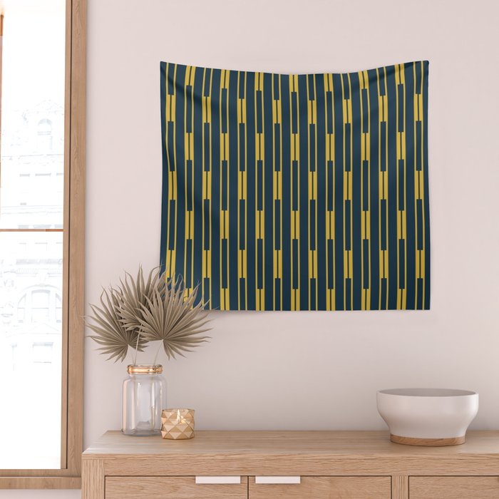 Geometric Striped Geo Chain Vertical Pattern in Navy Blue and Light Mustard Wall Tapestry Gallery Image 2