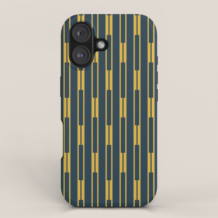 Geometric Striped Geo Chain Vertical Pattern in Navy Blue and Light Mustard iPhone Case Gallery Image 1