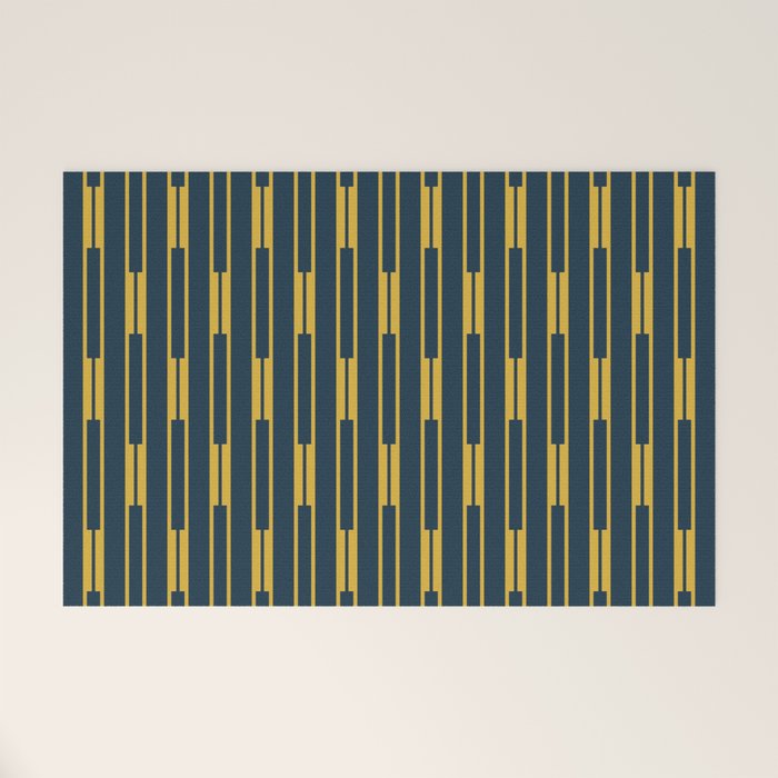 Geometric Striped Geo Chain Vertical Pattern in Navy Blue and Light Mustard Welcome Mat Gallery Image 1
