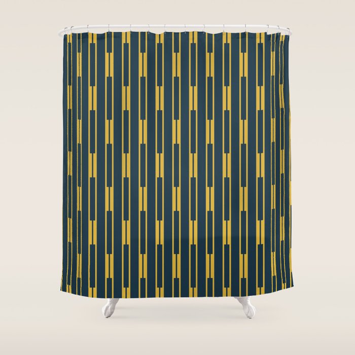 Geometric Striped Geo Chain Vertical Pattern in Navy Blue and Light Mustard Shower Curtain Gallery Image 1