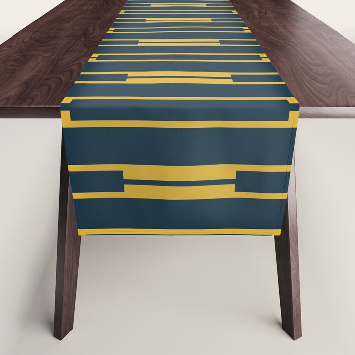 Geometric Striped Geo Chain Vertical Pattern in Navy Blue and Light Mustard Table Runner Gallery Image 1