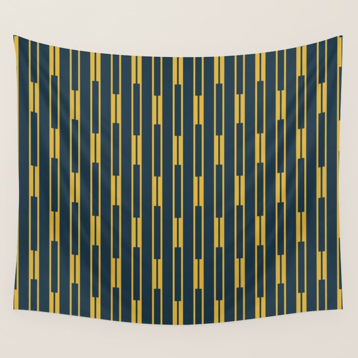 Geometric Striped Geo Chain Vertical Pattern in Navy Blue and Light Mustard Wall Tapestry Gallery Image 1