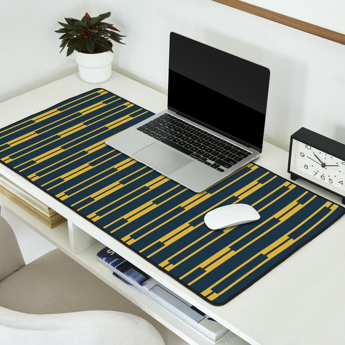 Geometric Striped Geo Chain Vertical Pattern in Navy Blue and Light Mustard Desk Mat Gallery Image 2