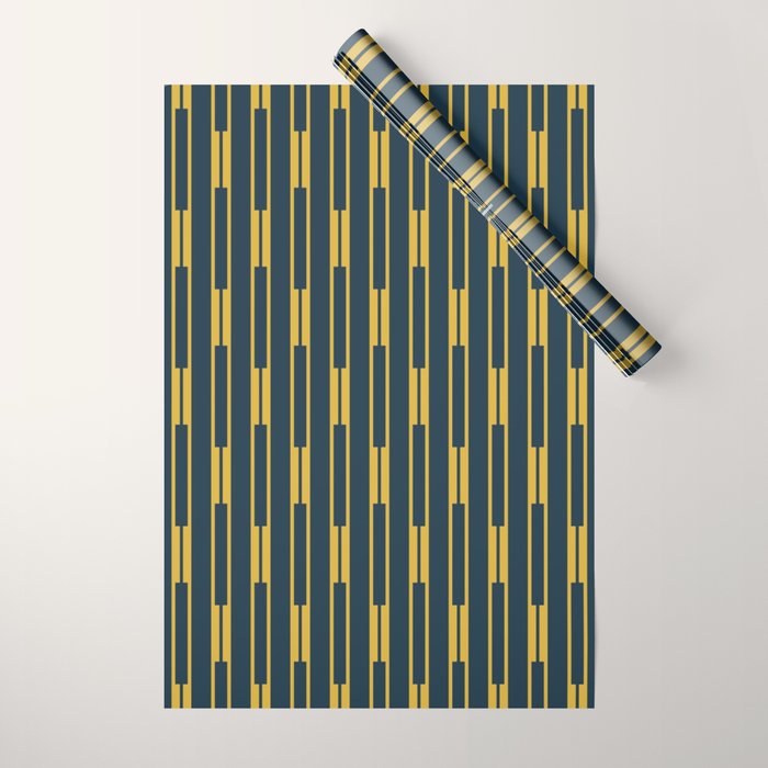 Geometric Striped Geo Chain Vertical Pattern in Navy Blue and Light Mustard Wrapping Paper Gallery Image 1