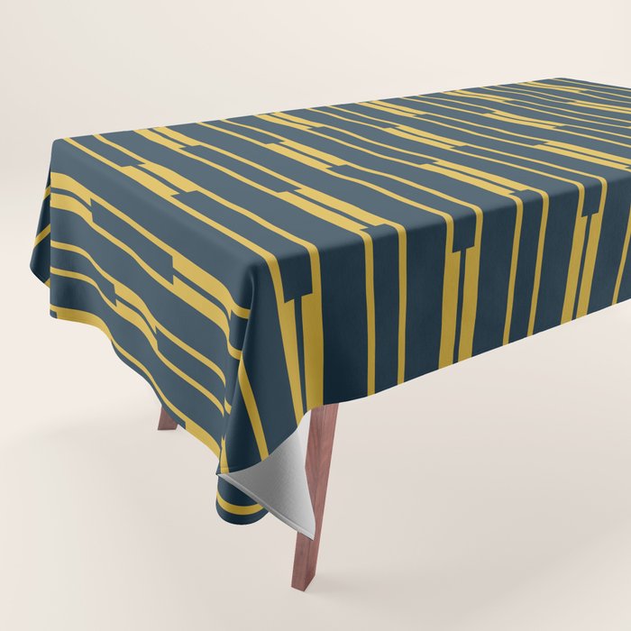 Geometric Striped Geo Chain Vertical Pattern in Navy Blue and Light Mustard Tablecloth Gallery Image 1