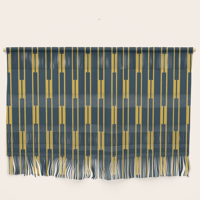 Geometric Striped Geo Chain Vertical Pattern in Navy Blue and Light Mustard Wall Hanging Gallery Image 1