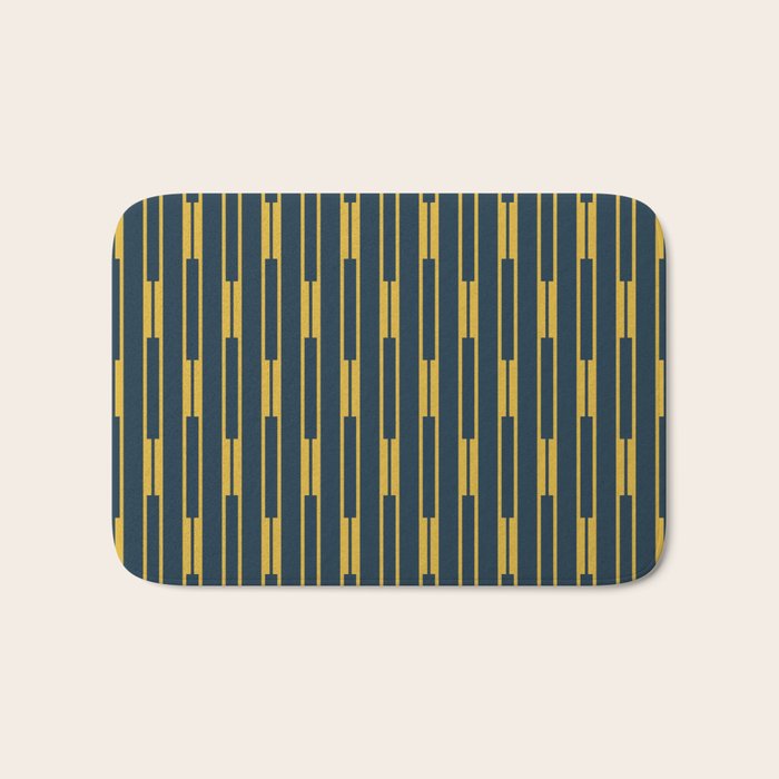 Geometric Striped Geo Chain Vertical Pattern in Navy Blue and Light Mustard Bath Mat Gallery Image 1