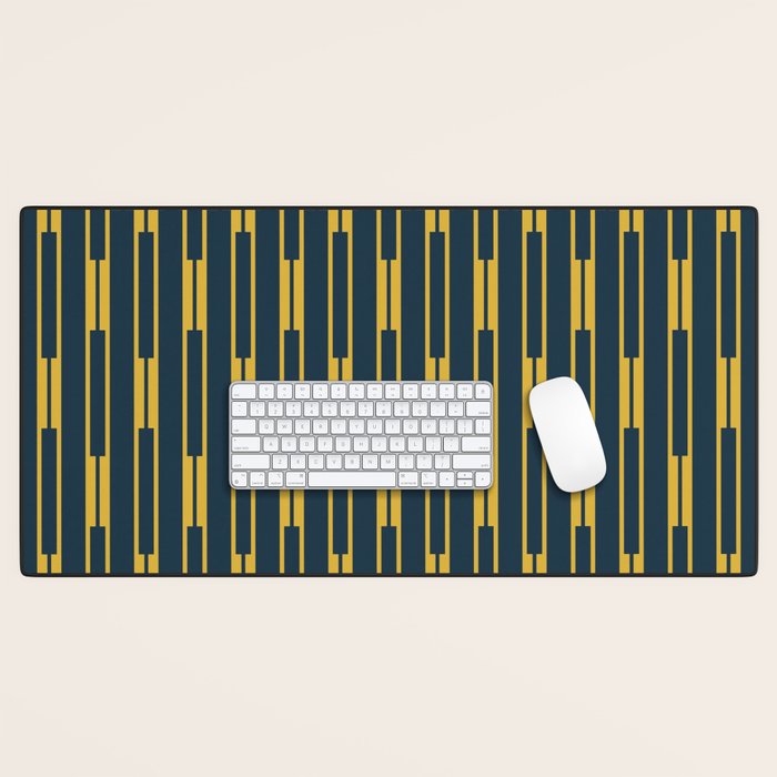 Geometric Striped Geo Chain Vertical Pattern in Navy Blue and Light Mustard Desk Mat Gallery Image 1