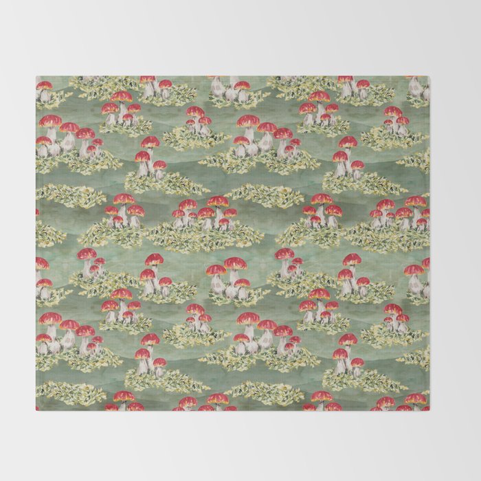 Watercolor moss and mushroom mosaic pattern Throw Blanket Gallery Image 2