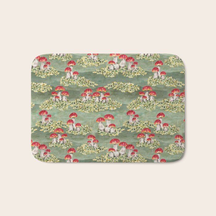 Watercolor moss and mushroom mosaic pattern Bath Mat Gallery Image 1