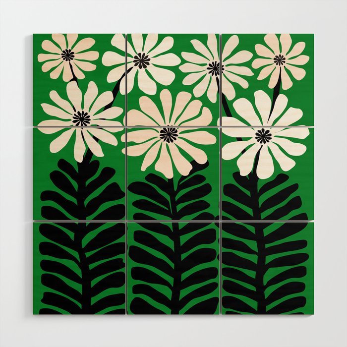 Mod Flower Garden - Black and White on Green Wood Wall Art Gallery Image 1