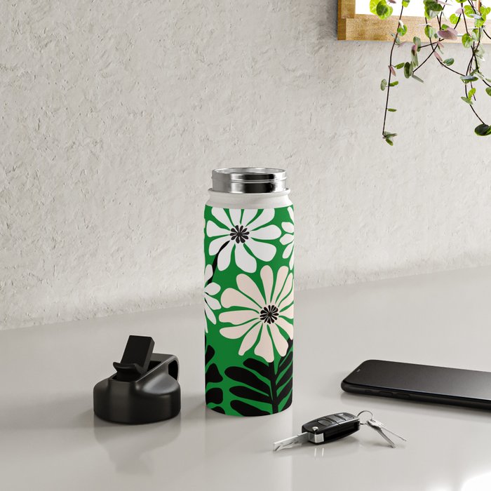 Mod Flower Garden - Black and White on Green Water Bottle Gallery Image 4