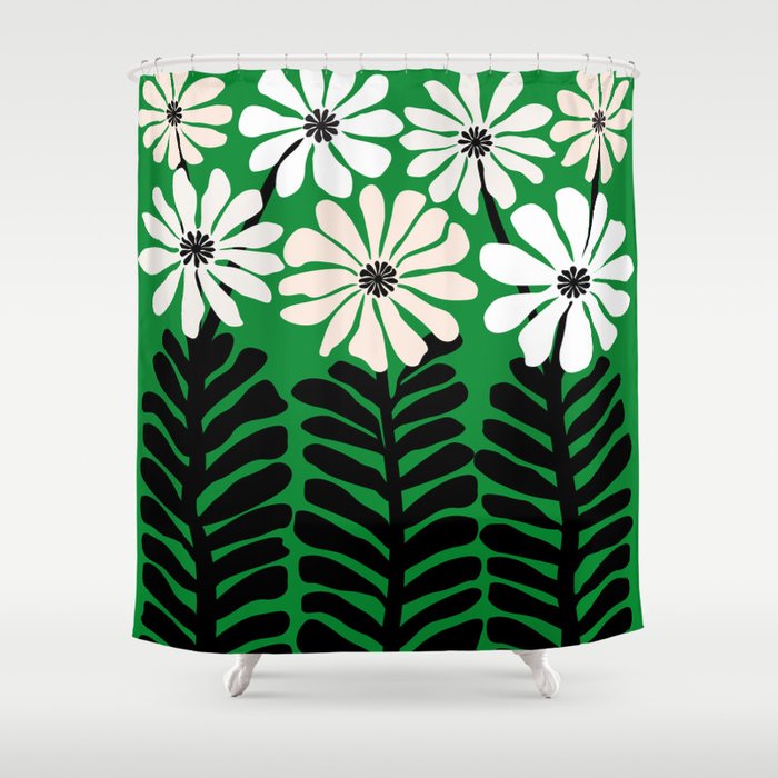 Mod Flower Garden - Black and White on Green Shower Curtain Gallery Image 1