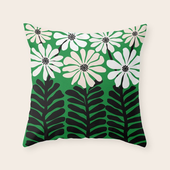 Mod Flower Garden - Black and White on Green Throw Pillow Gallery Image 6