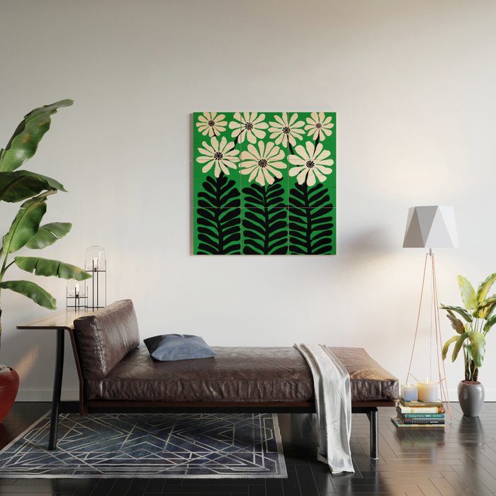 Mod Flower Garden - Black and White on Green Wood Wall Art Gallery Image 2