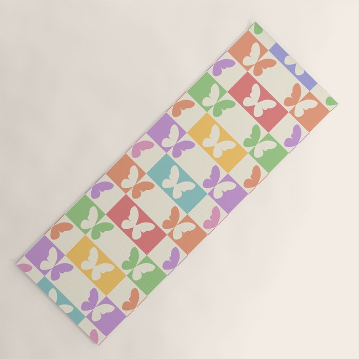 Retro Colorful Butterfly Checkered Pattern Yoga Mat Gallery Image 1