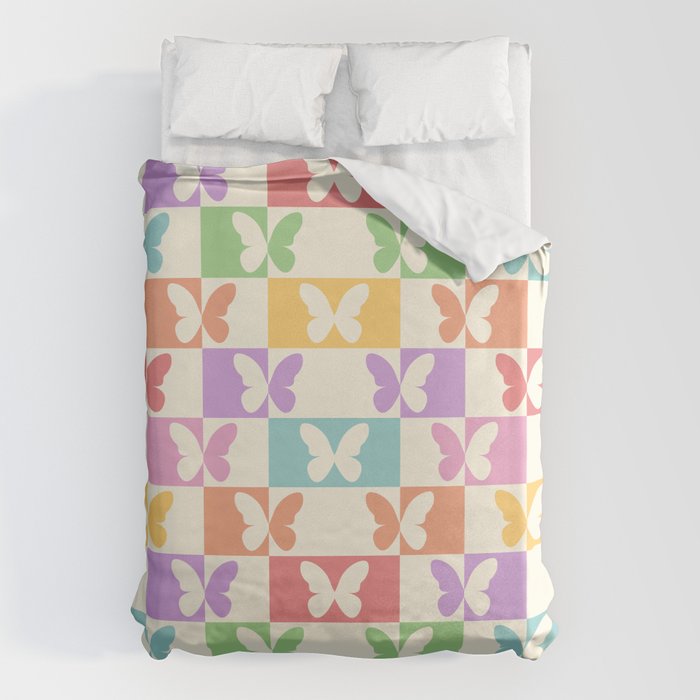 Retro Colorful Butterfly Checkered Pattern Duvet Cover Gallery Image 6