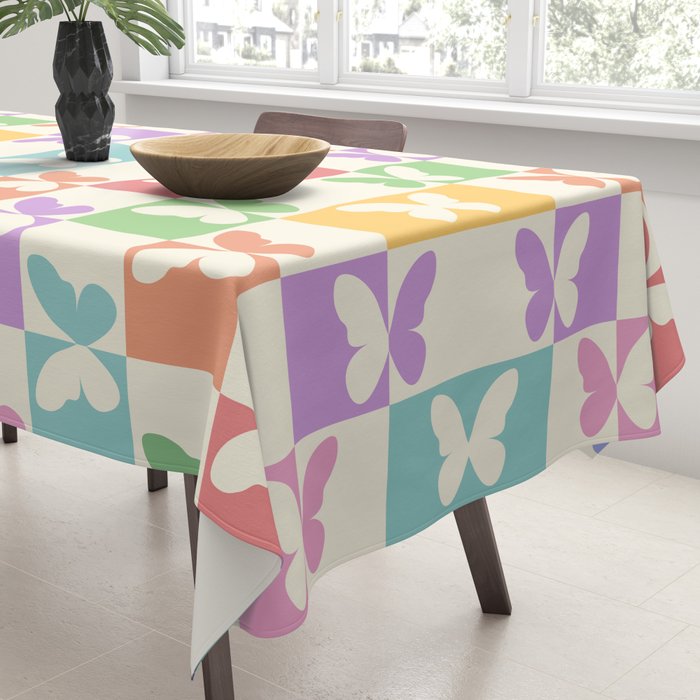 Retro Colorful Butterfly Checkered Pattern Tablecloth Gallery Image 3